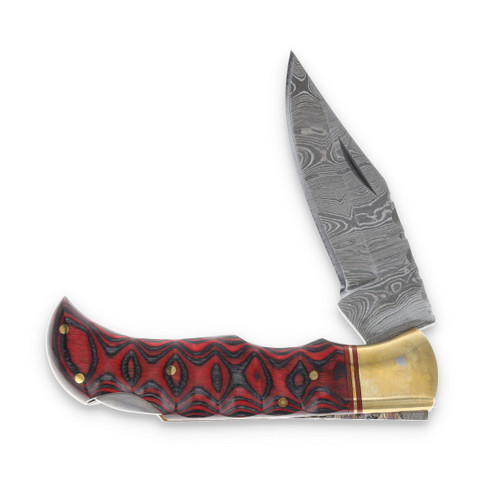 SZCO Supplies Red and Black Twisted Wood Lockback Folding Knife