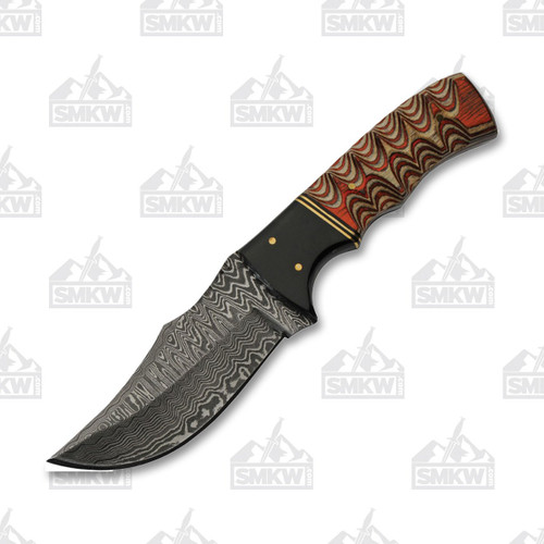 8" Damascus Buffalo Twisted Wood Fixed Blade Knife