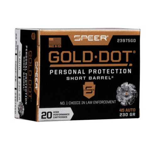 Speer Gold Dot Personal Protection 45 Auto Ammunition 230 Grain Nickel Plated Centerfire 20 Rounds Short Barrel HP