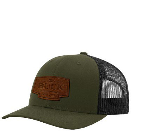 Buck Logo Leather Patch Trucker Cap OD Green/Black