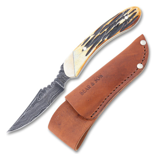 Bear & Son Genuine India Stag Bone Caper Fixed 2.5in Damascus Blade