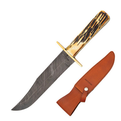 Bear & Son American Bowie Fixed Blade India Stag Bone 9” Damascus Clip Pt