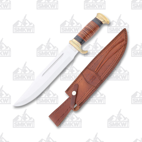 Rough Ryder Stacked Leather Bowie Brown 10in Plain Satin Clip Point with Sheath