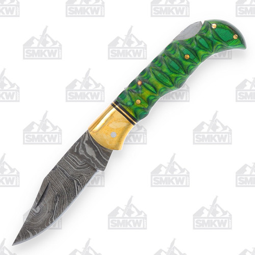 Green Grooved Damascus Lockback Folding Knife