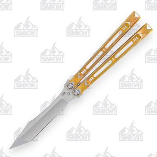 Heibel Menace Balisong #30 Satin Damasteel/Yellow and Gold Anodized Titanium HKM030