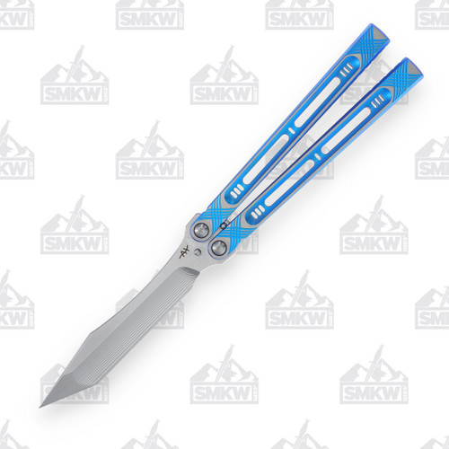 Heibel Menace Balisong #31 Satin Damasteel/Blue and Silver Anodized Titanium HKM031