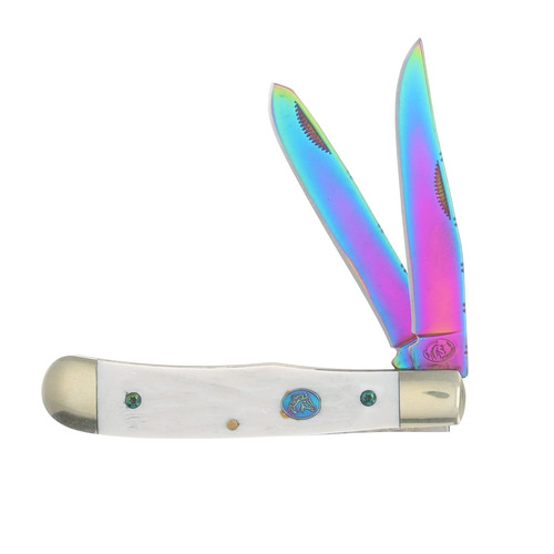 Frost Silverhorse Stoneworks Jigged Bone Rainbow Trapper Folding Knife FRSHS108RB