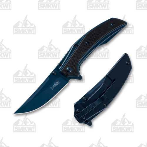 Kershaw Outright Blue and Black 3 Inch Plain Blue PVD Trailing Point Open and Closed
