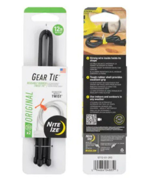 Nite Ize Gear Tie 12' Black Rubber Reusable Twist Tie 2 Pack