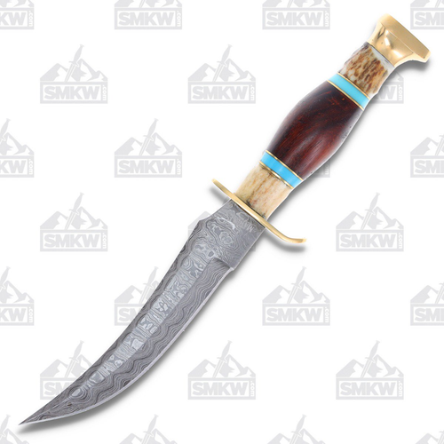 Marbles Damascus Skinner 5.5in Fixed Blade Wood and Stag Knife
