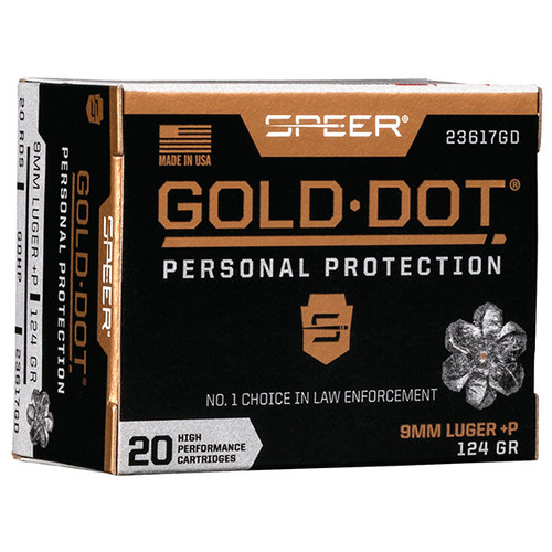 CCI Speer Gold Dot 9mm+P Handgun Ammunition 20 Rounds Nickel Plated Brass Centerfire 124 Grain Gold Dot Hollow Point 