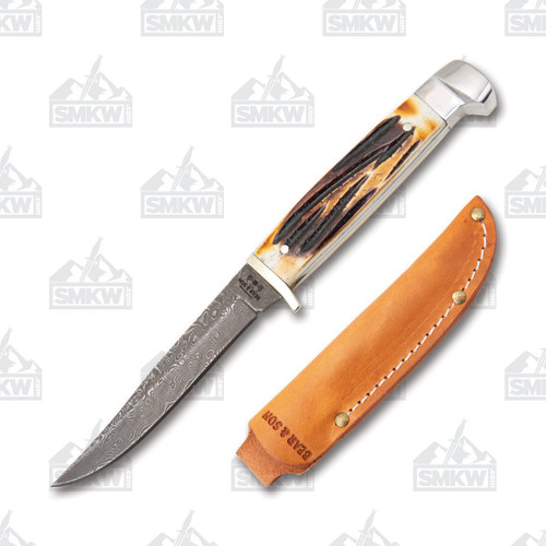 Bear & Son Small Hunter Stag 3 Inch Plain Damascus Clip Point with Sheath