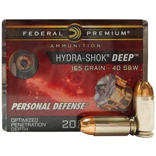 Federal Premium Personal Defense Hydra-Shok Deep 40 S&W Ammunition 165 Grain Brass Centerfire 20 Rounds Hydra-Shok Deep JHP