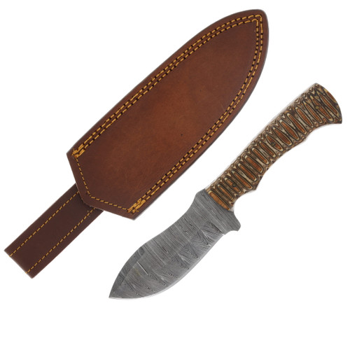 SZCO Supplies 9.25in Wood Grooved Fixed Blade Damascus Skinner Knife DM1331