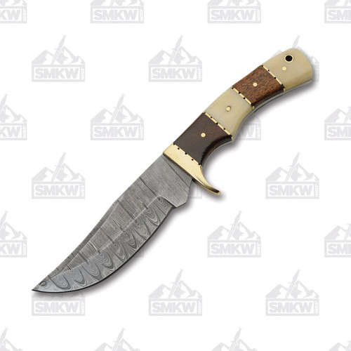 9.75" Damascus Walnut and Bone Hunter Fixed Blade Knife