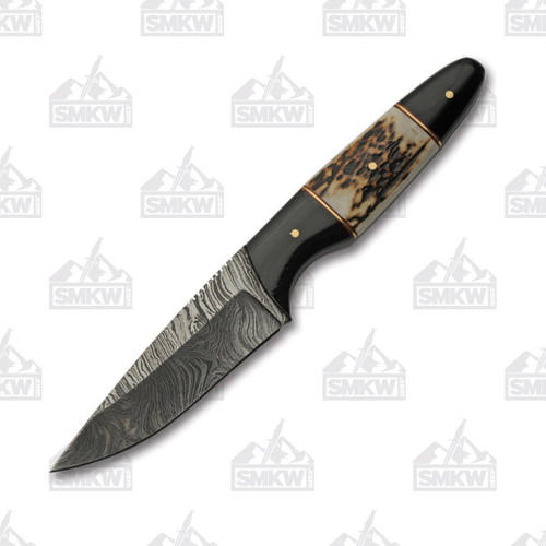 SZCO Supplies Horn and Stag Hunter Knife – 4.5in Damascus Fixed Blade