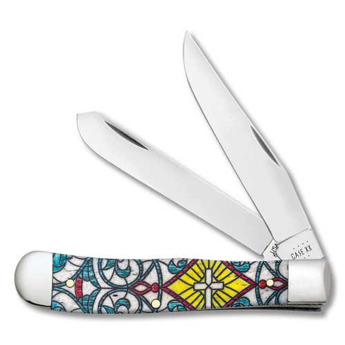 Case Stained Glass Cross Natural Bone Trapper Folding Knife