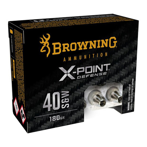 Browning X-Point Defense 40 S&W Handgun Ammunition 20 Rounds Nickel Plated Brass Centerfire 180 Grain Browning X-Point JHP 