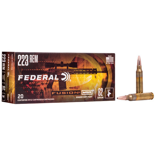Federal Fusion MSR 223 Remington Rifle Ammunition 20 Rounds Brass Centerfire 62 Grain Fusion MSR Bonded Soft Point 