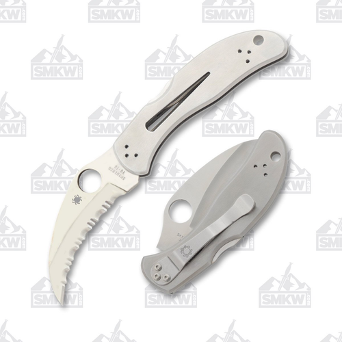 Spyderco Harpy Folding Knife Stainless 2.75in Serrated Satin Hawkbill Front Open and Back Closed