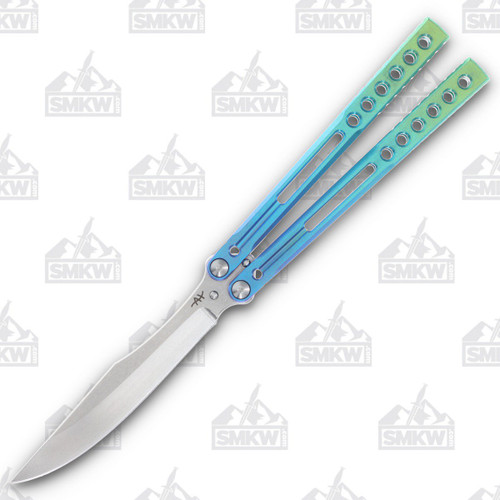 Heibel Invictus Balisong #81 Raw Satin Damasteel/Blue Rainbow Anodized Titanium HKI081