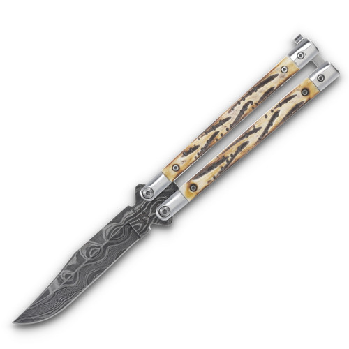 Bear & Son 5" Genuine India Stag Bone Butterfly Damascus