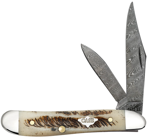 Case Damascus Steel Vintage Jigged Bone Peanut Pocket Knife