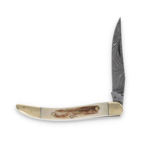Brass Stag Folding Knife 2.75in Plain Edge Damascus Stag Handle DM1354