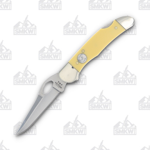 Bear & Son Locking Cowhand Folding Knife Yellow Delrin 2.87in Plain Satin Drop Point Front Open