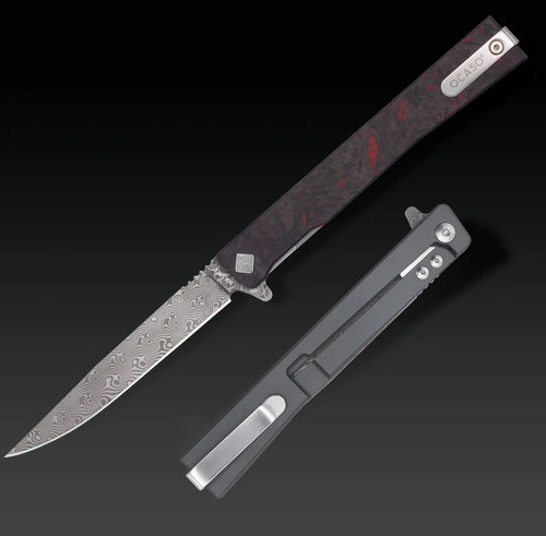 Ocaso Knives Solstice Demko Linerlock Folding Knife (Damascus  Red Dark Matter Fat Carbon)