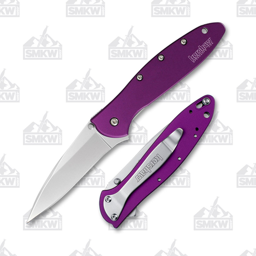 Kershaw Leek Folding Knife Purple 3 Inch Plain Bead Blasted Drop Point Open and Closed
