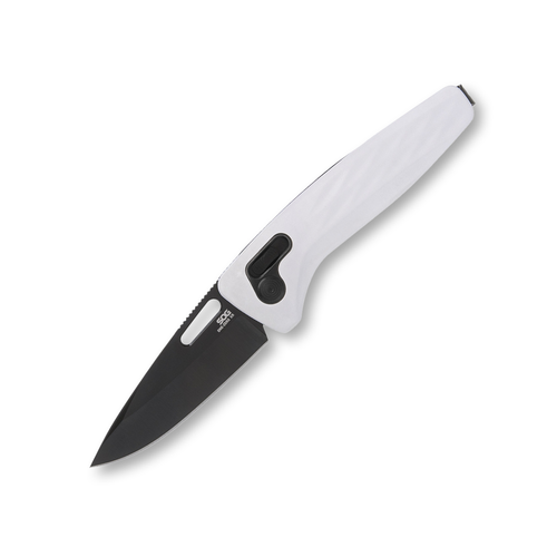 SOG One Zero XR White – Black 3.11 Inch Plain Black TiNi Clip Point Front Open