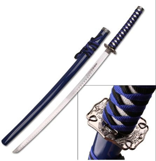 Samurai Sword with Blue Scabbard and Blue and Black Cord Wrapped Handle