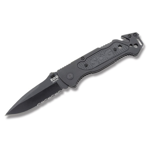 SOG Escape Folding Rescue Knife Clip Point Black Partially Serrated