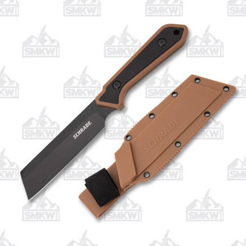 Schrade Fixed Blade 4.25in Cleaver Blade Black and Tan Knife with Sheath