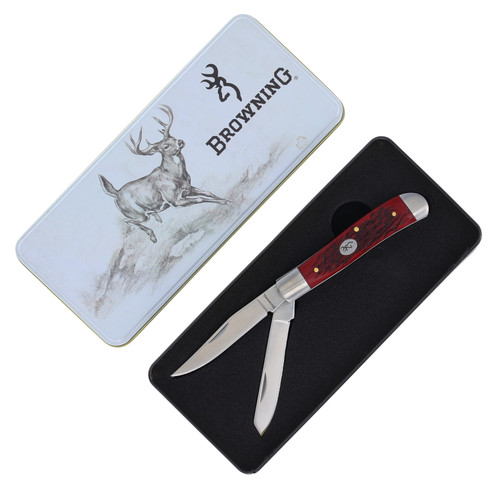 Browning Red Jigged Bone Trapper Folding Knife with Gift Tin BN3220457