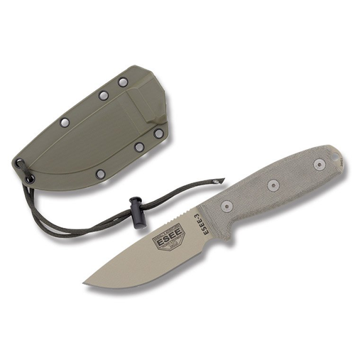ESEE 3P Fixed Blade Knife 3.88in Plain Edge  Desert Tan Micarta Modified Pommel