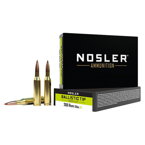 Nosler Ballistic Tip 260 Remington Rifle Ammunition 20 Rounds Brass Centerfire 120 Grain Spitzer Ballistic Tip 