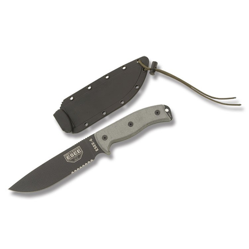 ESEE 6 Black Blade Partially Serrated Gray Micarta Handles Black Sheath