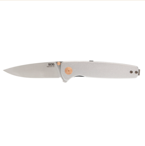 SOG Twitch III Silver – Rose Gold 3.1in Plain Satin Drop Point