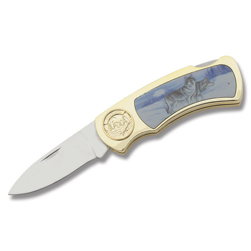 Wolves Wildlife Lockback Folding Knife Brass Finish