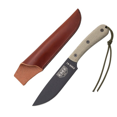ESEE 6HM B Black Blade Gray Micarta Handles Brown Leather Sheath