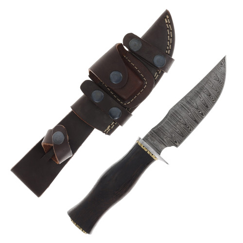Fox-n-Hound Damascus Fixed Blade Knife Ebony wood 5.5in Clip Point FH123
