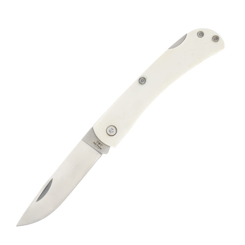 Bear & Son Knives Farmhand White Smooth Bone 3.37in Plain Satin Drop Point BRWSB37L