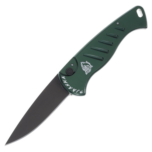 Piranha Fingerling Out-the-Side Automatic Knife (Black Coated  Green Aluminum)