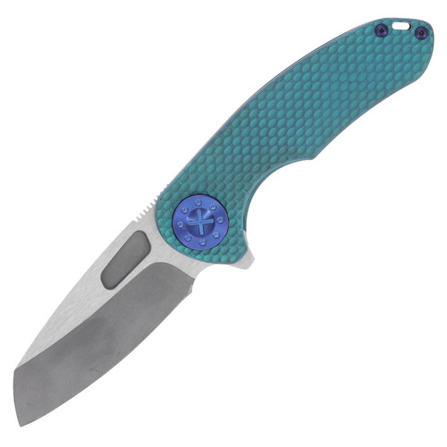 Curtiss Custom Knives F3 Medium Framelock Flipper Folding Knife Magnacut Wharny, Aqua Titanium/Blue Hardware CCKF3MWFAQBL