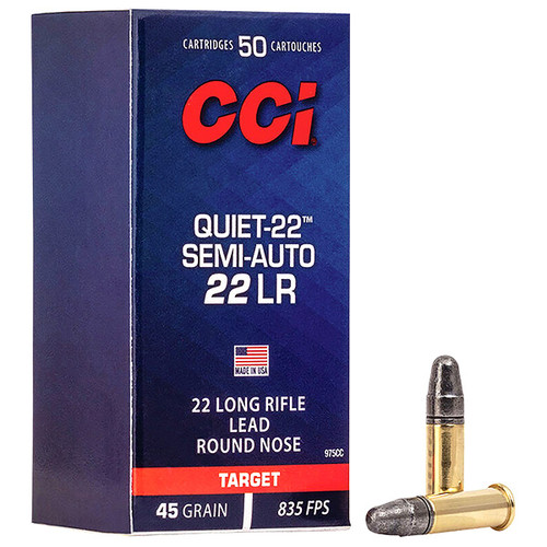 CCI Quiet 22 Semi-Auto 22 LR Rifle Ammunition 50 Rounds Brass Rimfire 45 Grain LRN