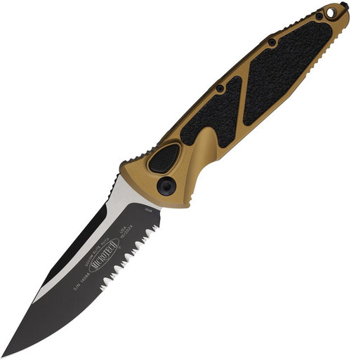 Microtech Socom Elite OTS Auto S/E Black Part Serrate Tan W/Black Traction Insert AUMT160A2TA
