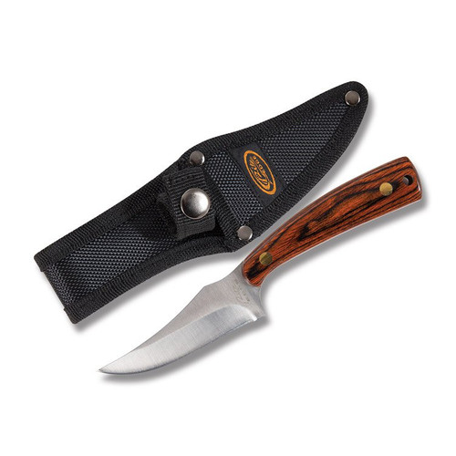 Rite Edge Wood Trailing Point Skinner Fixed Knife 3.25 In Stainless Steel Blade. front knife and sheath 
