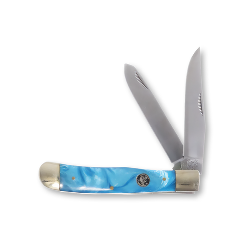 Frost Crowing Rooster Trapper Folding Knife Blue Resin 1